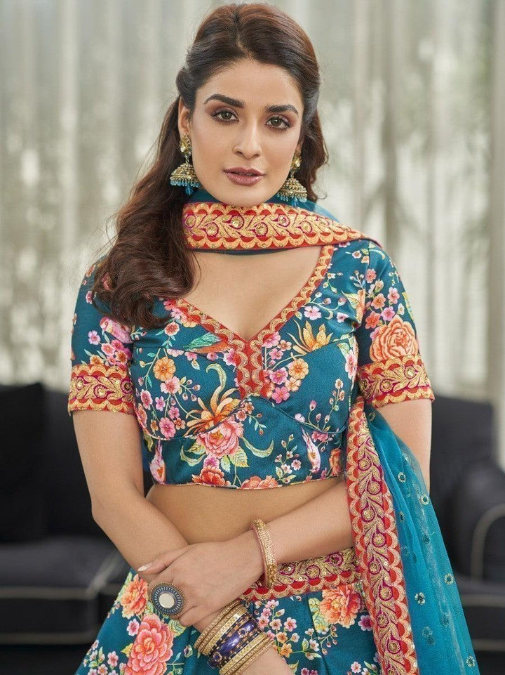 Teal Blue Floral Printed Art Silk Wedding Wear Lehenga Choli
