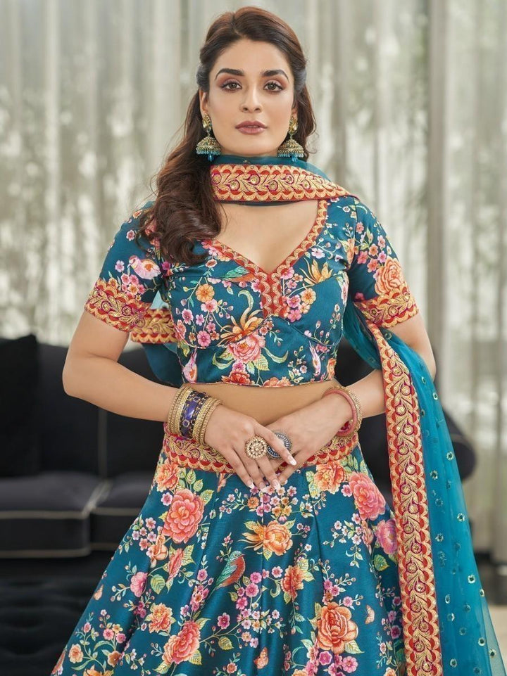 Teal Blue Floral Printed Art Silk Wedding Wear Lehenga Choli