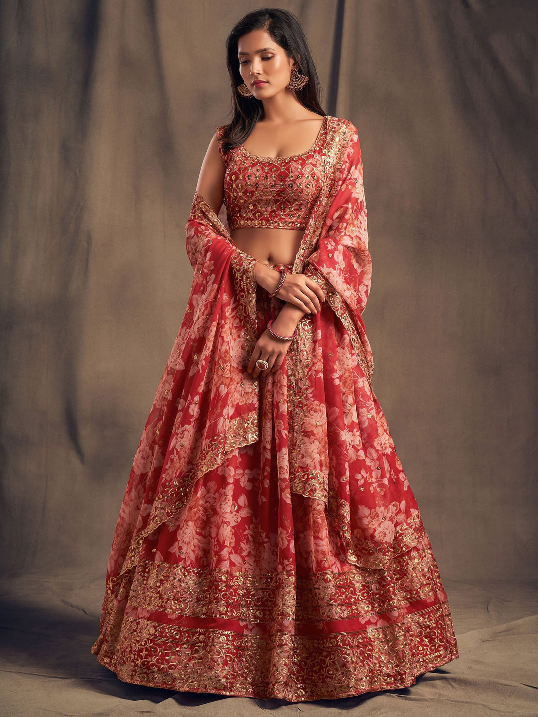 Lovely Red Floral Printed Organza Wedding Lehenga Choli With Dupatta