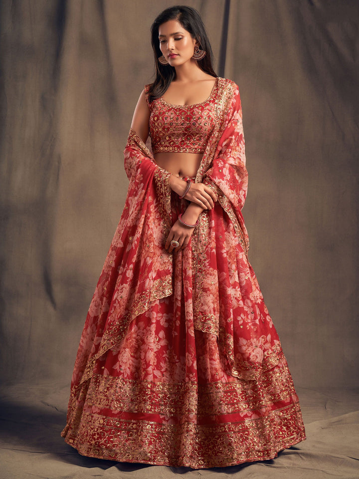 Red Floral Printed Organza Wedding Lehenga Choli With Dupatta
