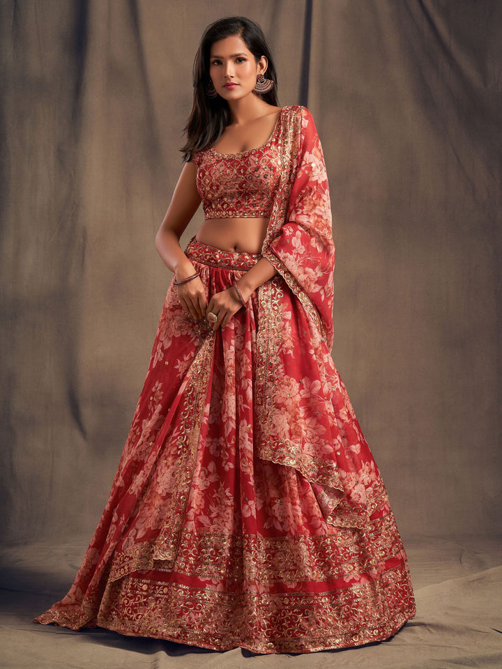 Red Floral Printed Organza Wedding Lehenga Choli With Dupatta