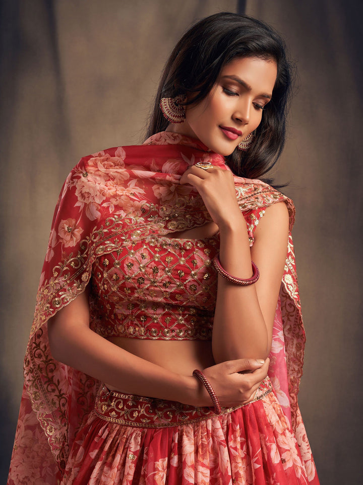 Red Floral Printed Organza Wedding Lehenga Choli With Dupatta