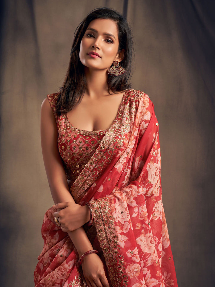 Red Floral Printed Organza Wedding Lehenga Choli With Dupatta