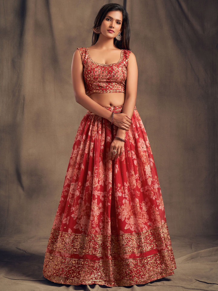 Red Floral Printed Organza Wedding Lehenga Choli With Dupatta