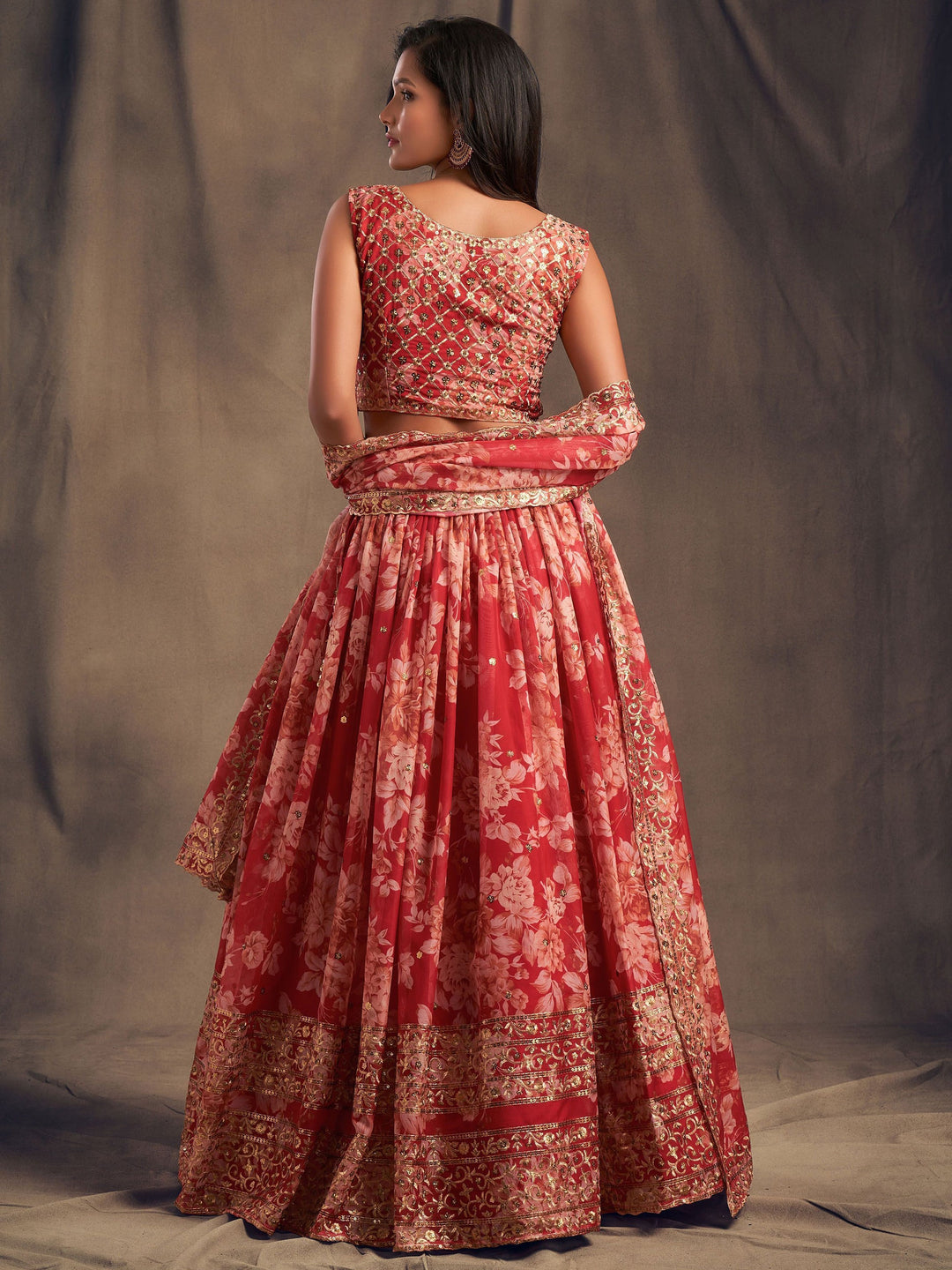 Red Floral Printed Organza Wedding Lehenga Choli With Dupatta