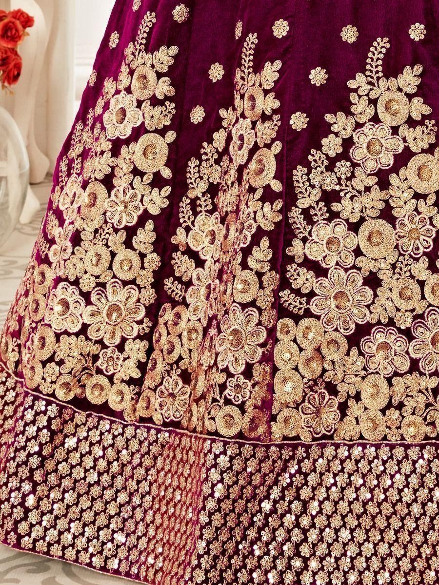 Purple Embroidered Velvet Bridal Wear Lehenga Choli