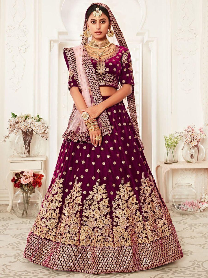 Purple Embroidered Velvet Bridal Wear Lehenga Choli