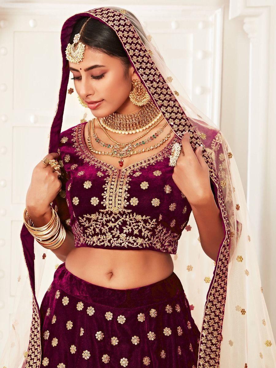 Purple Embroidered Velvet Bridal Wear Lehenga Choli