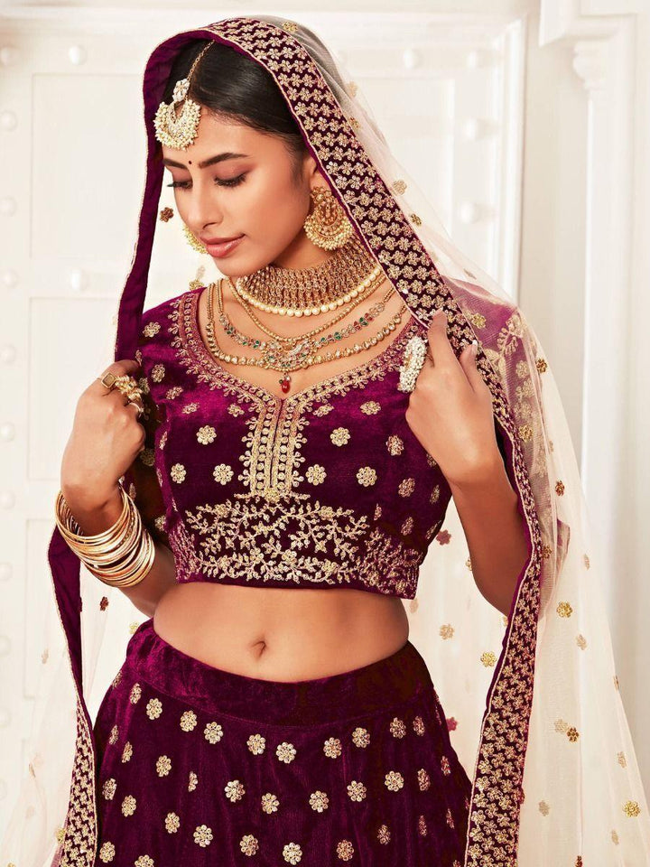 Purple Embroidered Velvet Bridal Wear Lehenga Choli