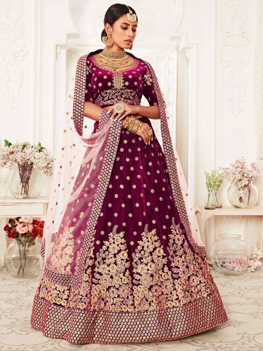 Purple Embroidered Velvet Bridal Wear Lehenga Choli