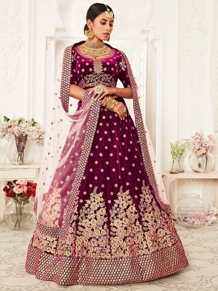 Purple Embroidered Velvet Bridal Wear Lehenga Choli