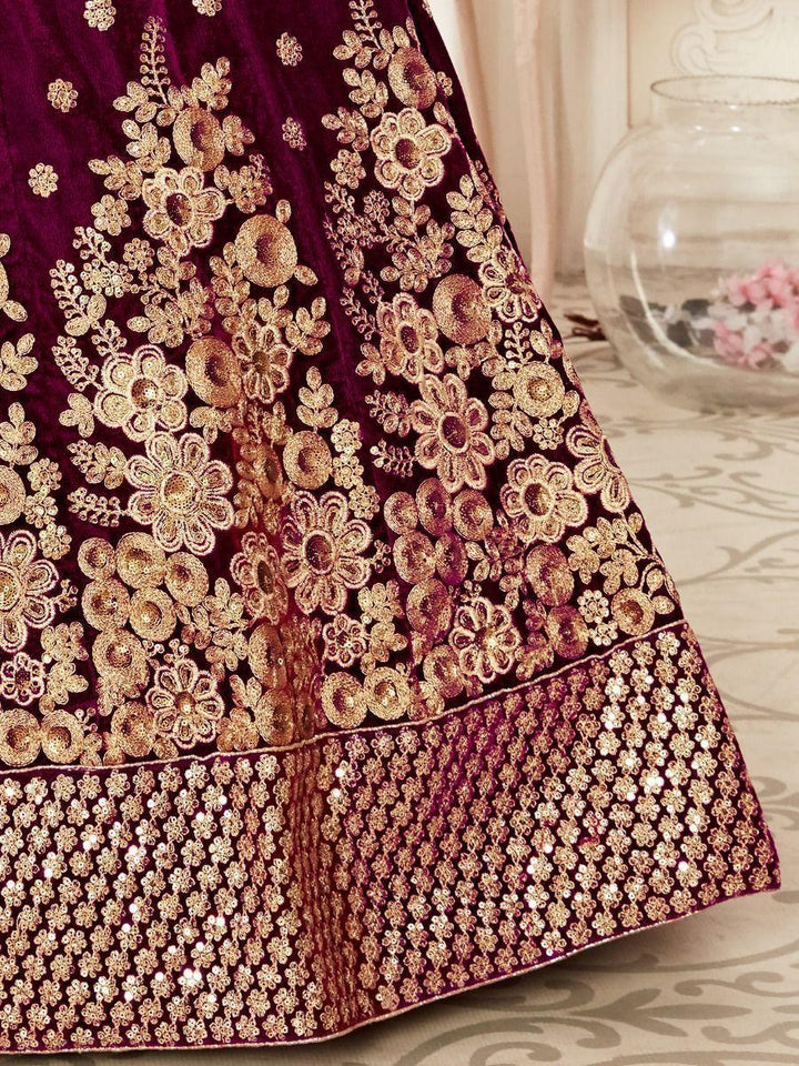 Purple Embroidered Velvet Bridal Wear Lehenga Choli