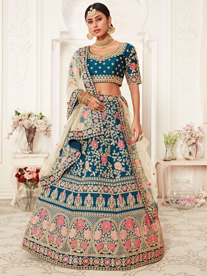 Teal Blue Embroidered Silk Bridal Wear Lehenga Choli