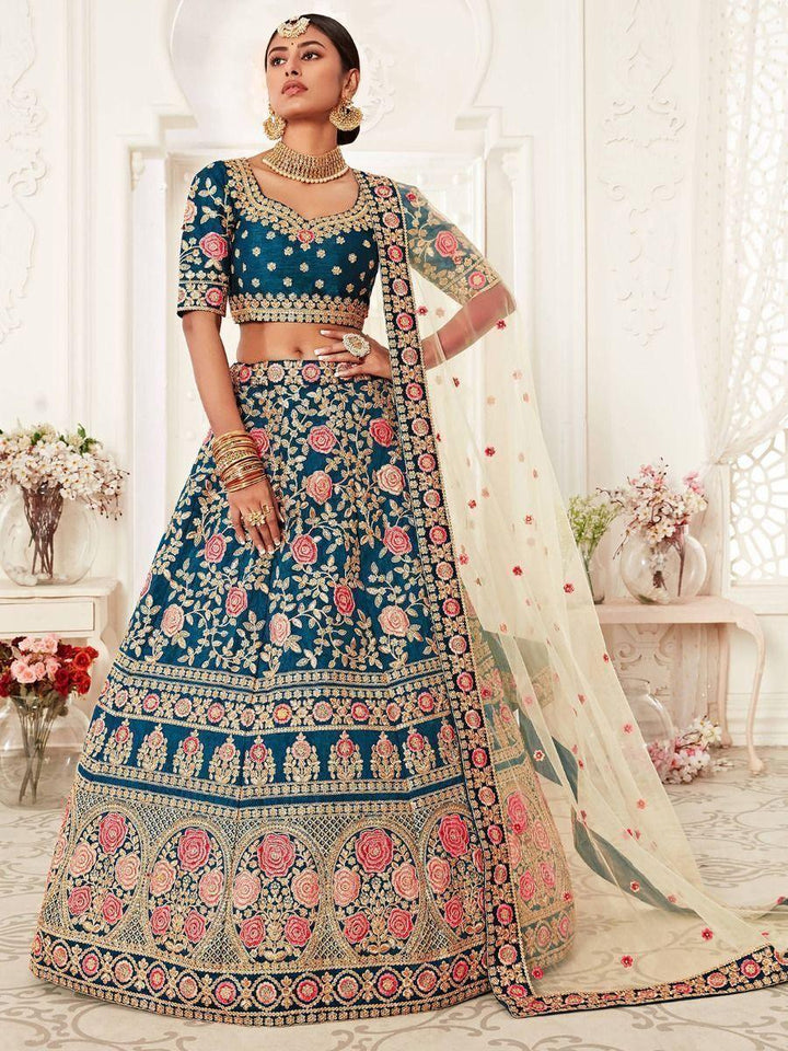 Teal Blue Embroidered Silk Bridal Wear Lehenga Choli