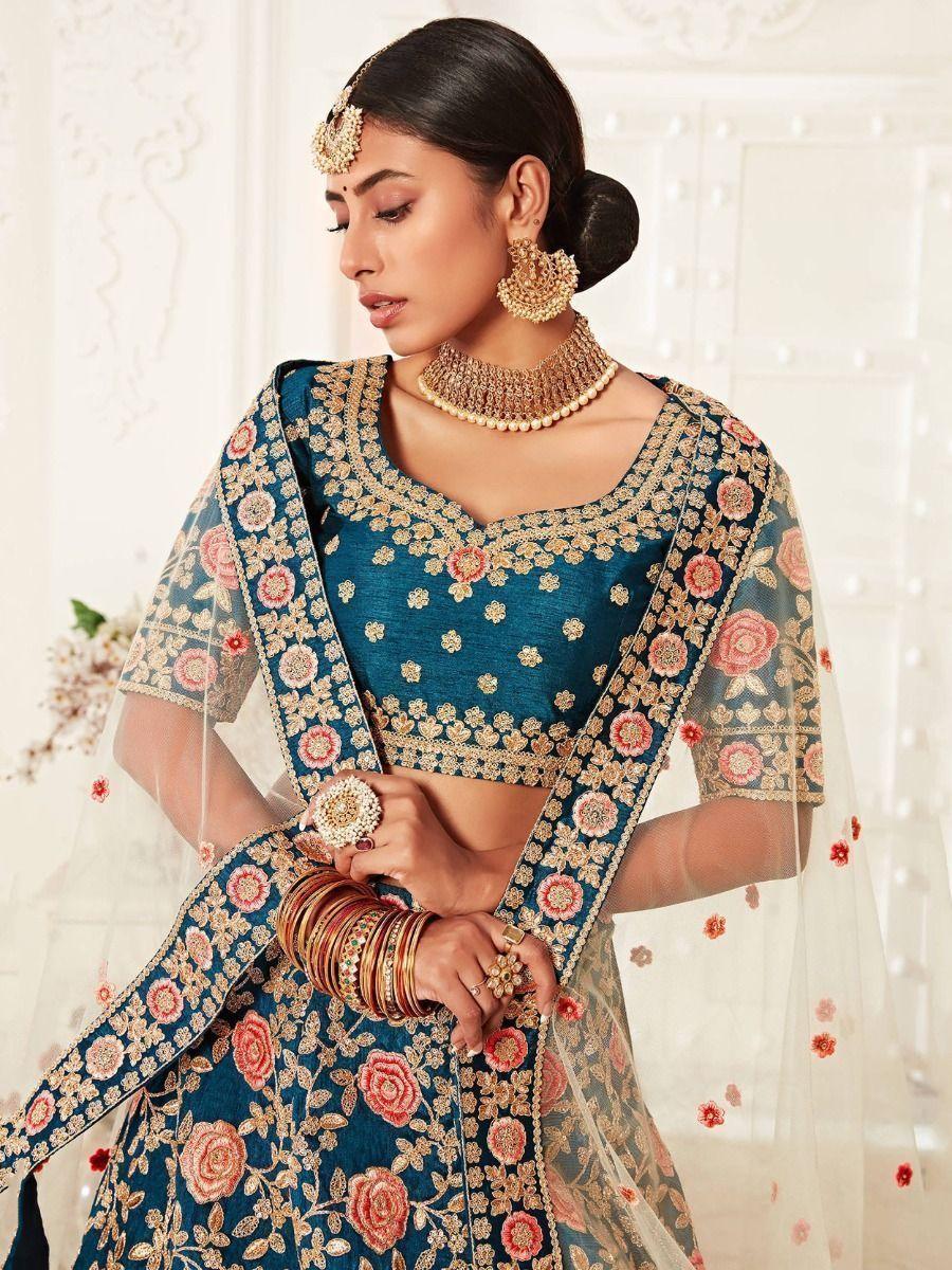 Teal Blue Embroidered Silk Bridal Wear Lehenga Choli