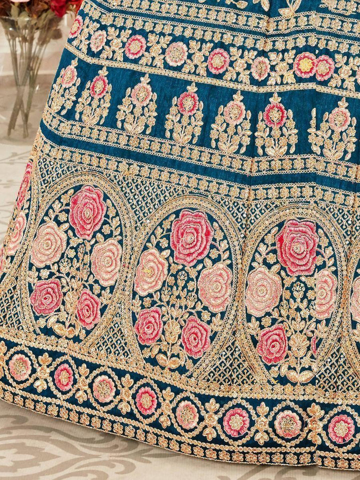 Teal Blue Embroidered Silk Bridal Wear Lehenga Choli