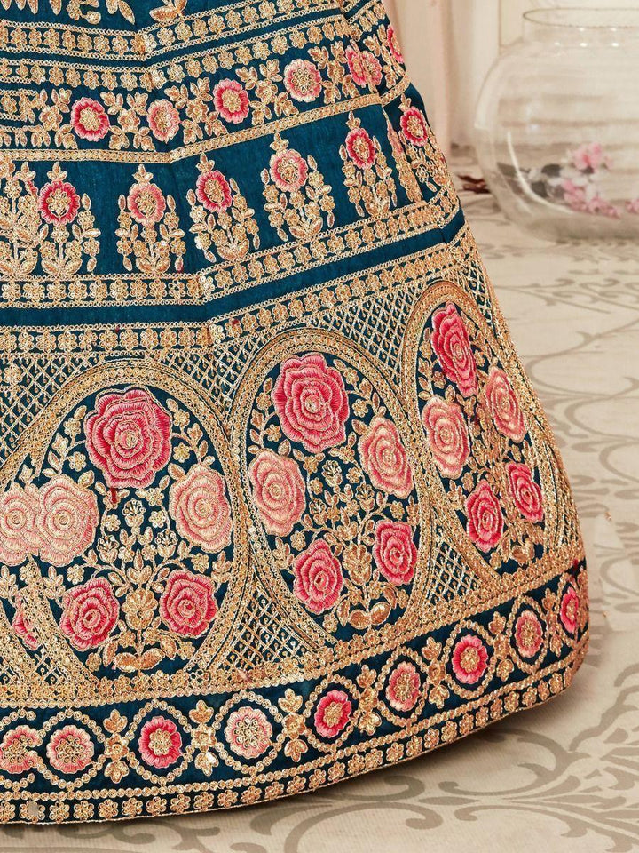 Teal Blue Embroidered Silk Bridal Wear Lehenga Choli