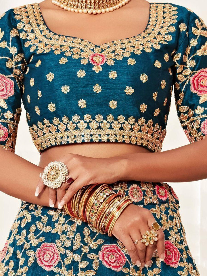 Teal Blue Embroidered Silk Bridal Wear Lehenga Choli
