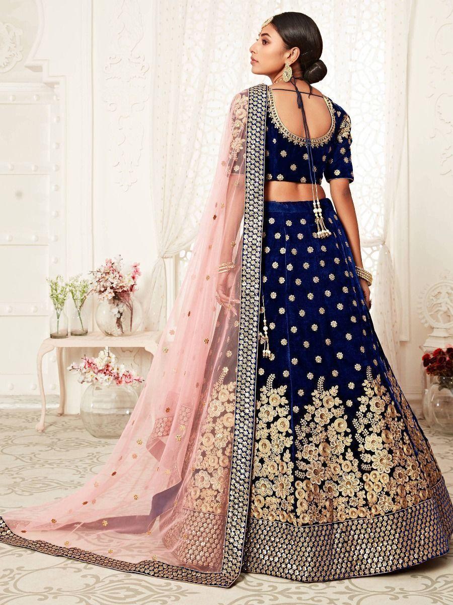Captivating Navy Blue Embroidered Velvet Bridal Wear Lehenga Choli
