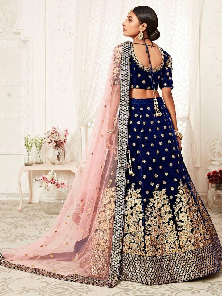 Captivating Navy Blue Embroidered Velvet Bridal Wear Lehenga Choli