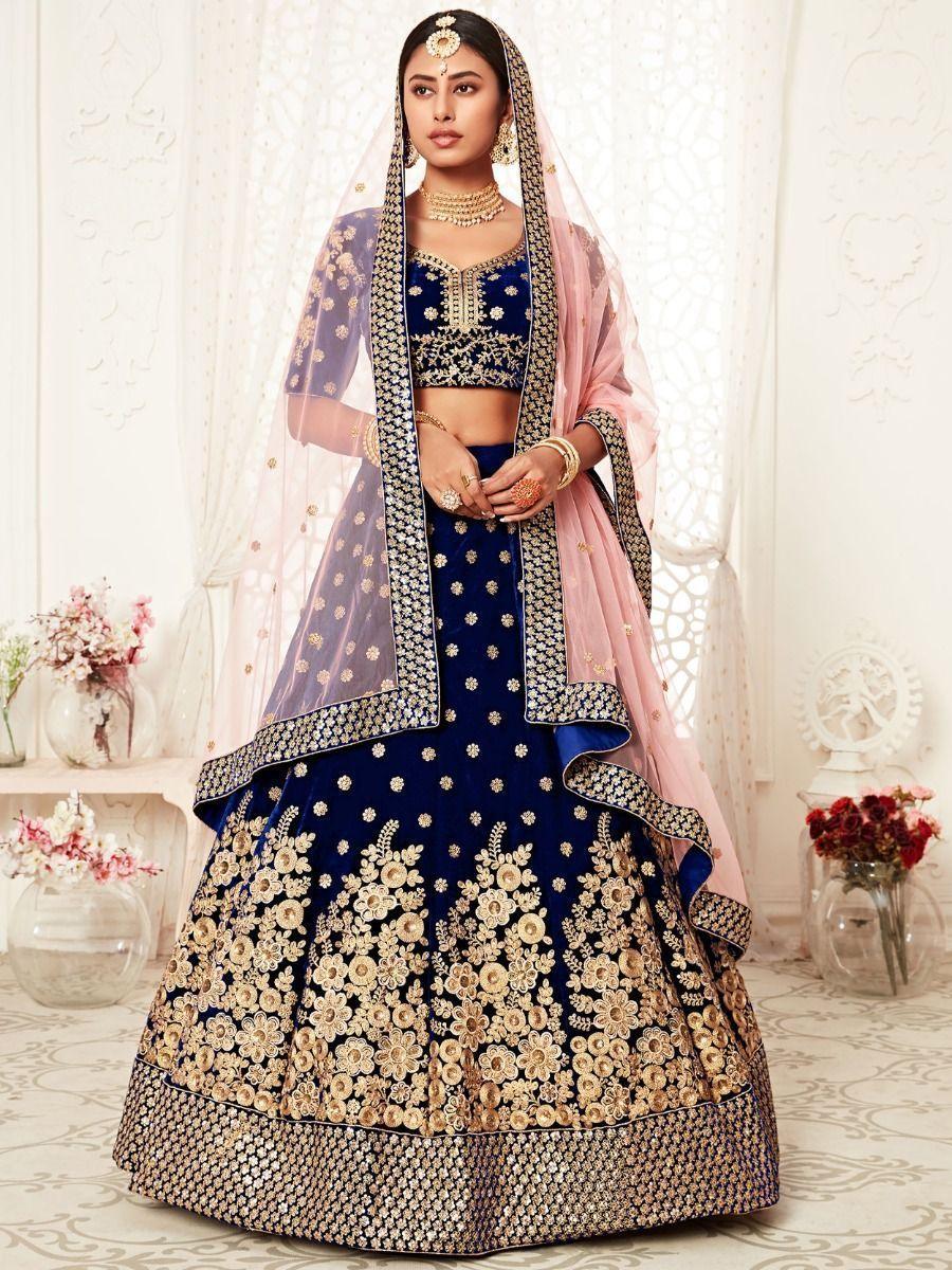 Navy Blue Embroidered Velvet Bridal Wear Lehenga Choli