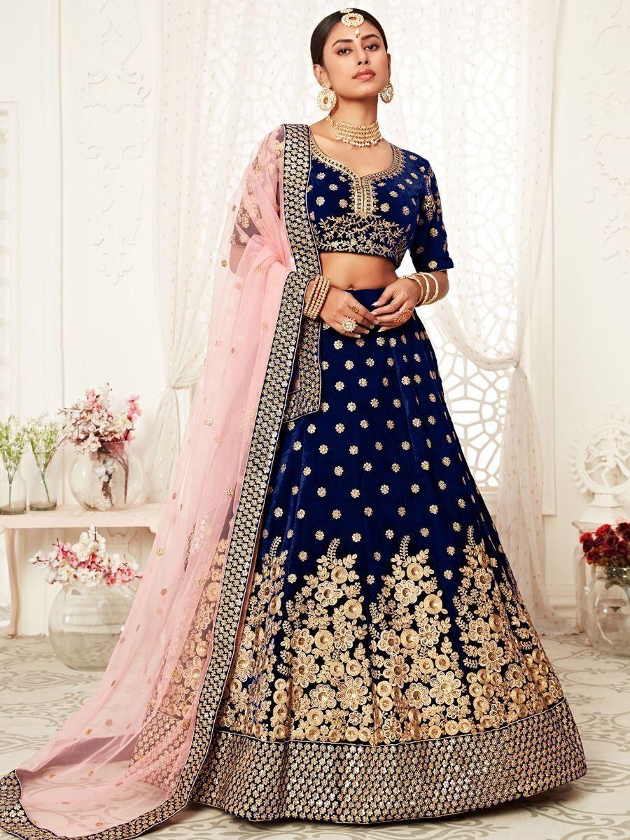Navy Blue Embroidered Velvet Bridal Wear Lehenga Choli