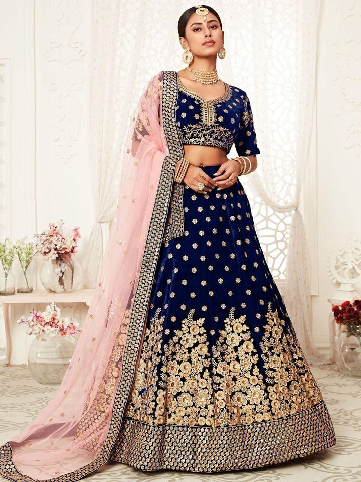 Navy Blue Embroidered Velvet Bridal Wear Lehenga Choli