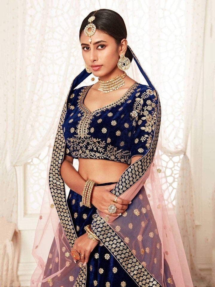 Navy Blue Embroidered Velvet Bridal Wear Lehenga Choli