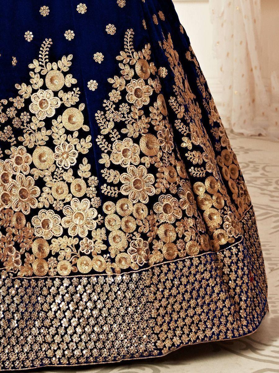 Navy Blue Embroidered Velvet Bridal Wear Lehenga Choli