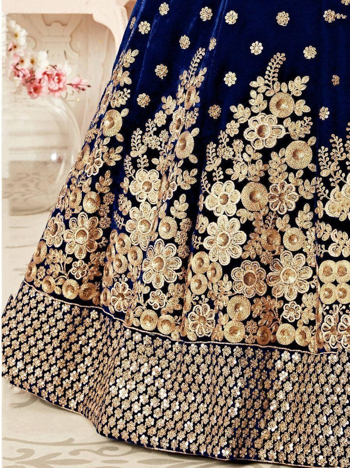 Captivating Navy Blue Embroidered Velvet Bridal Wear Lehenga Choli