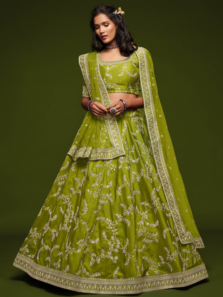 Neon Green Thread Embroidery Art Silk Wedding Lehenga Choli