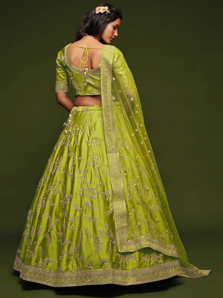 Awesome Neon Green Thread Embroidery Art Silk Wedding Lehenga Choli