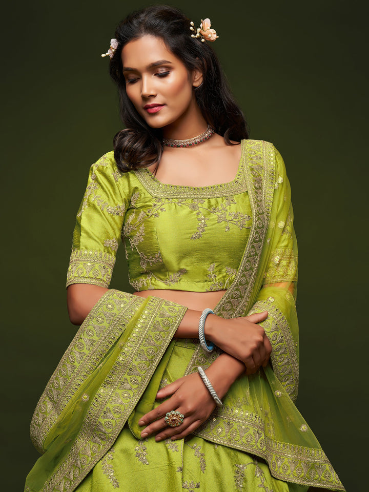 Neon Green Thread Embroidery Art Silk Wedding Lehenga Choli