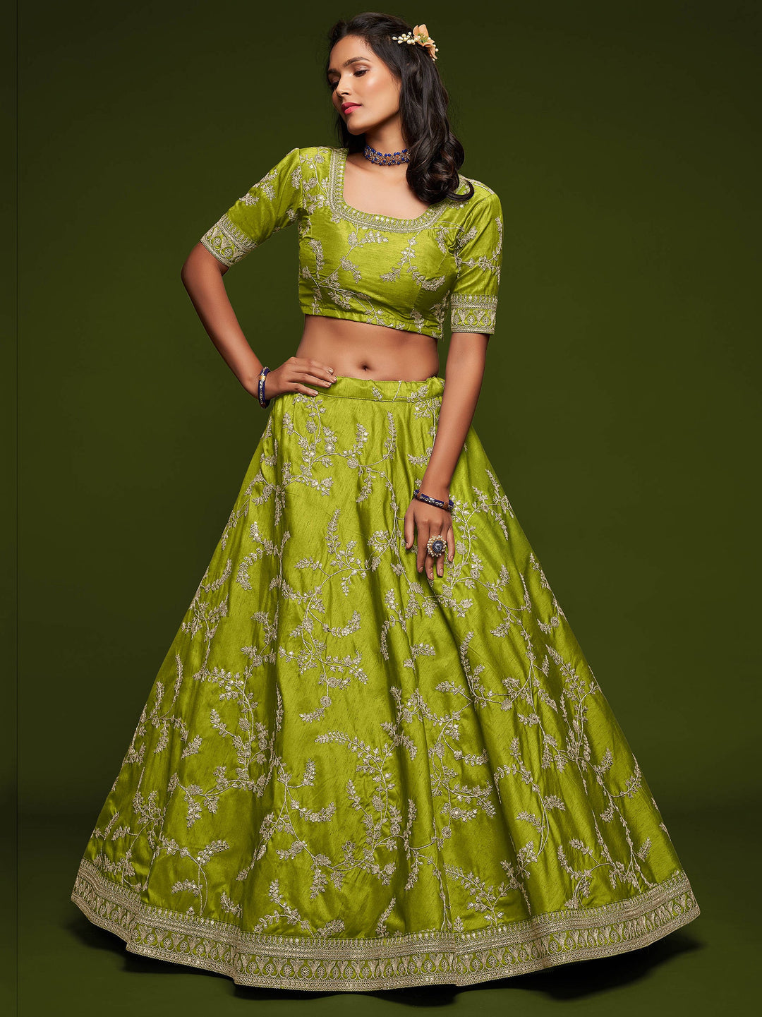 Awesome Neon Green Thread Embroidery Art Silk Wedding Lehenga Choli
