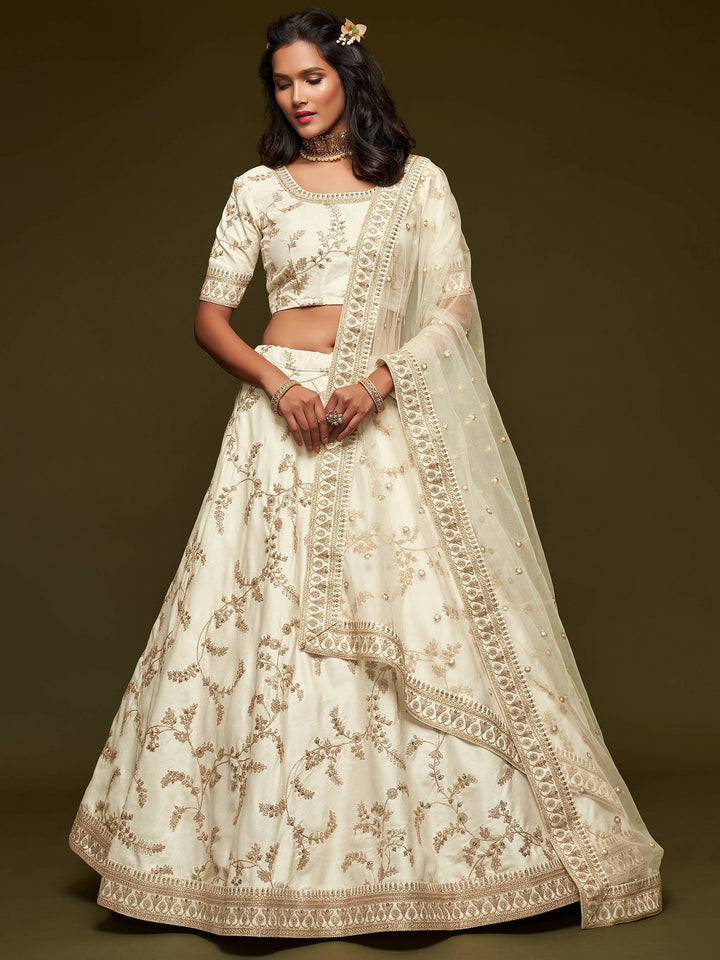 White Thread Embroidery Art Silk Wedding Lehenga Choli