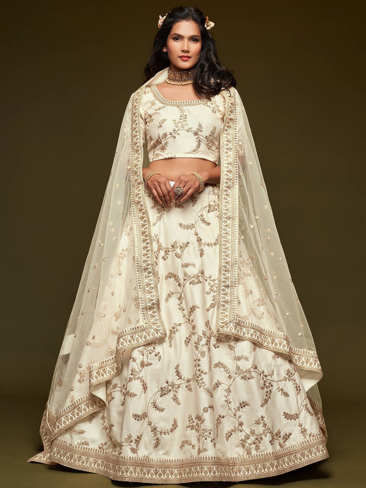 White Thread Embroidery Art Silk Wedding Lehenga Choli