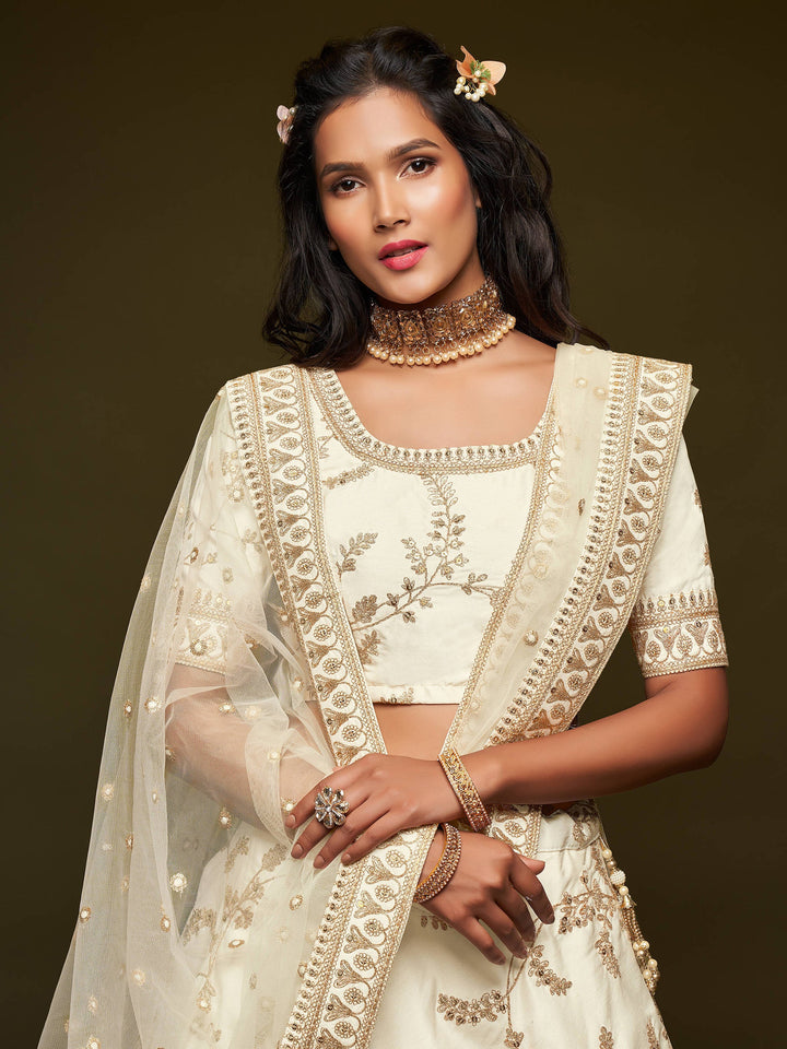 Agreeable White Thread Embroidery Art Silk Wedding Lehenga Choli