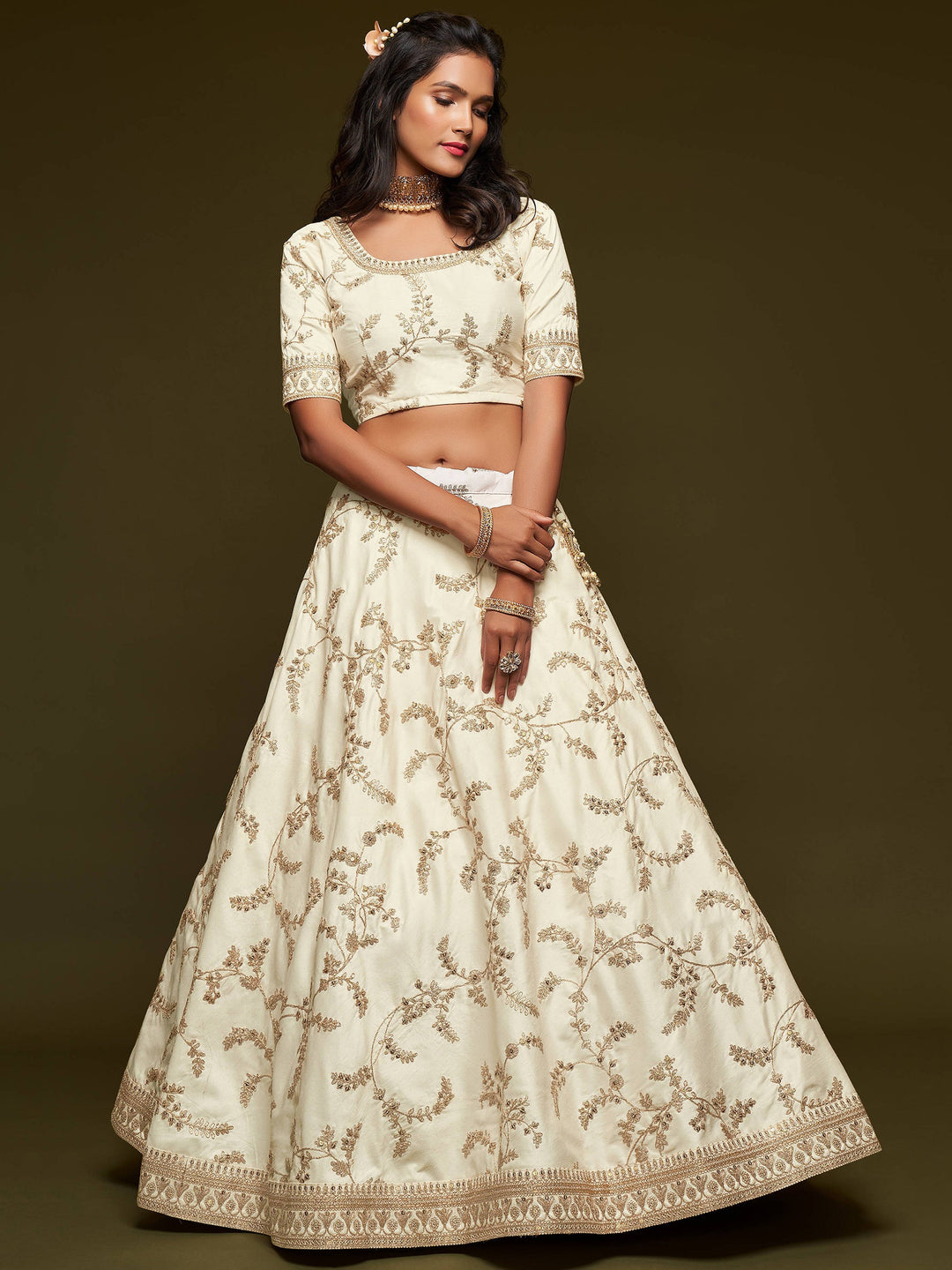 Agreeable White Thread Embroidery Art Silk Wedding Lehenga Choli