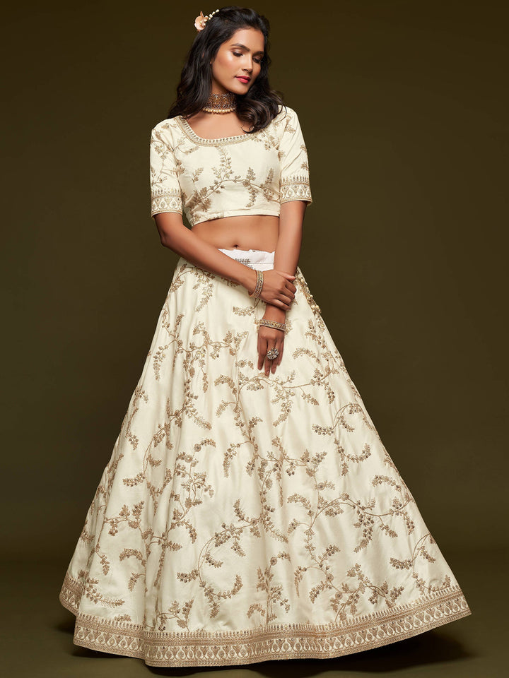 Agreeable White Thread Embroidery Art Silk Wedding Lehenga Choli