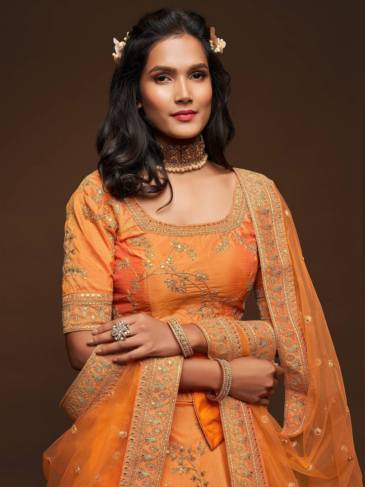Superior Orange Thread Embroidery Art Silk Wedding Lehenga Choli