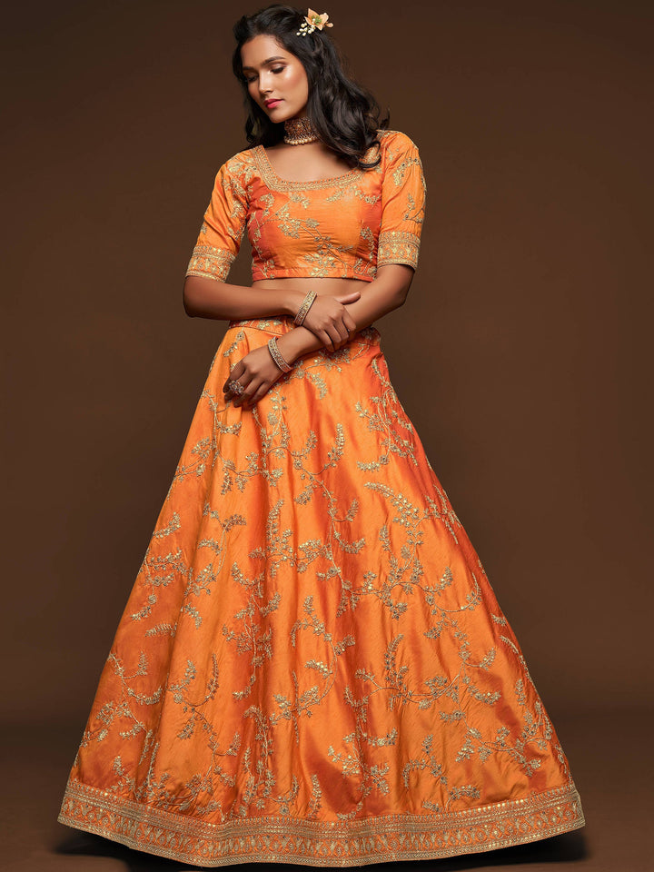 Superior Orange Thread Embroidery Art Silk Wedding Lehenga Choli
