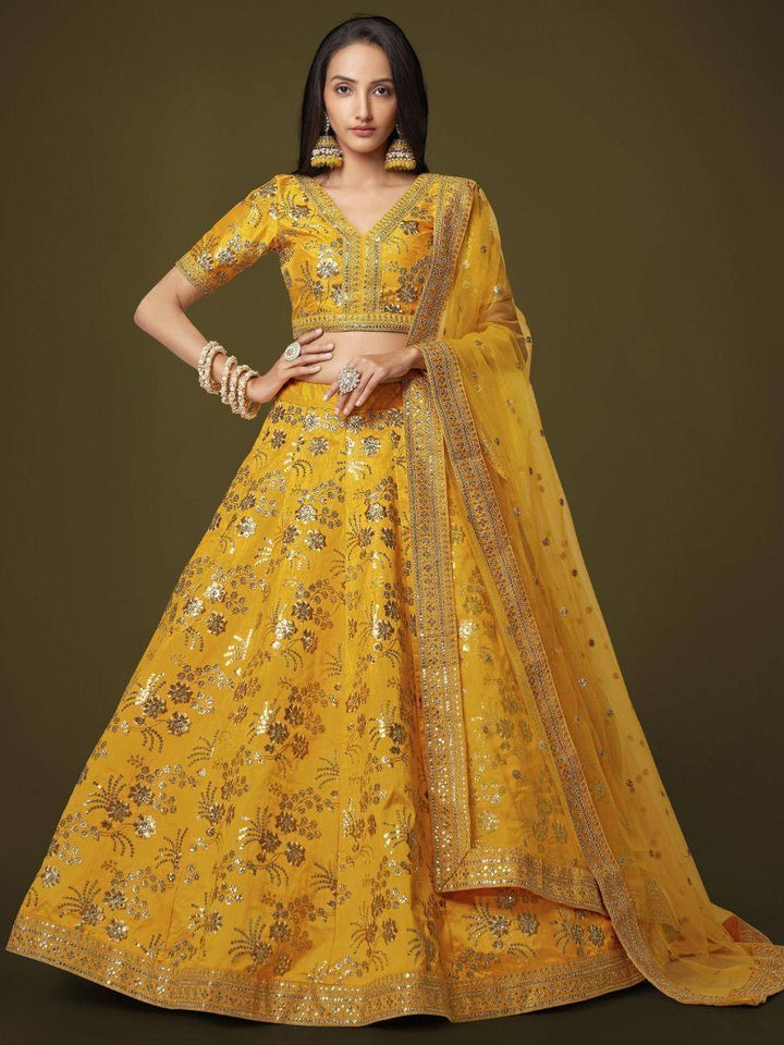 Yellow Sequins Slub Silk Wedding Wear Lehenga Choli