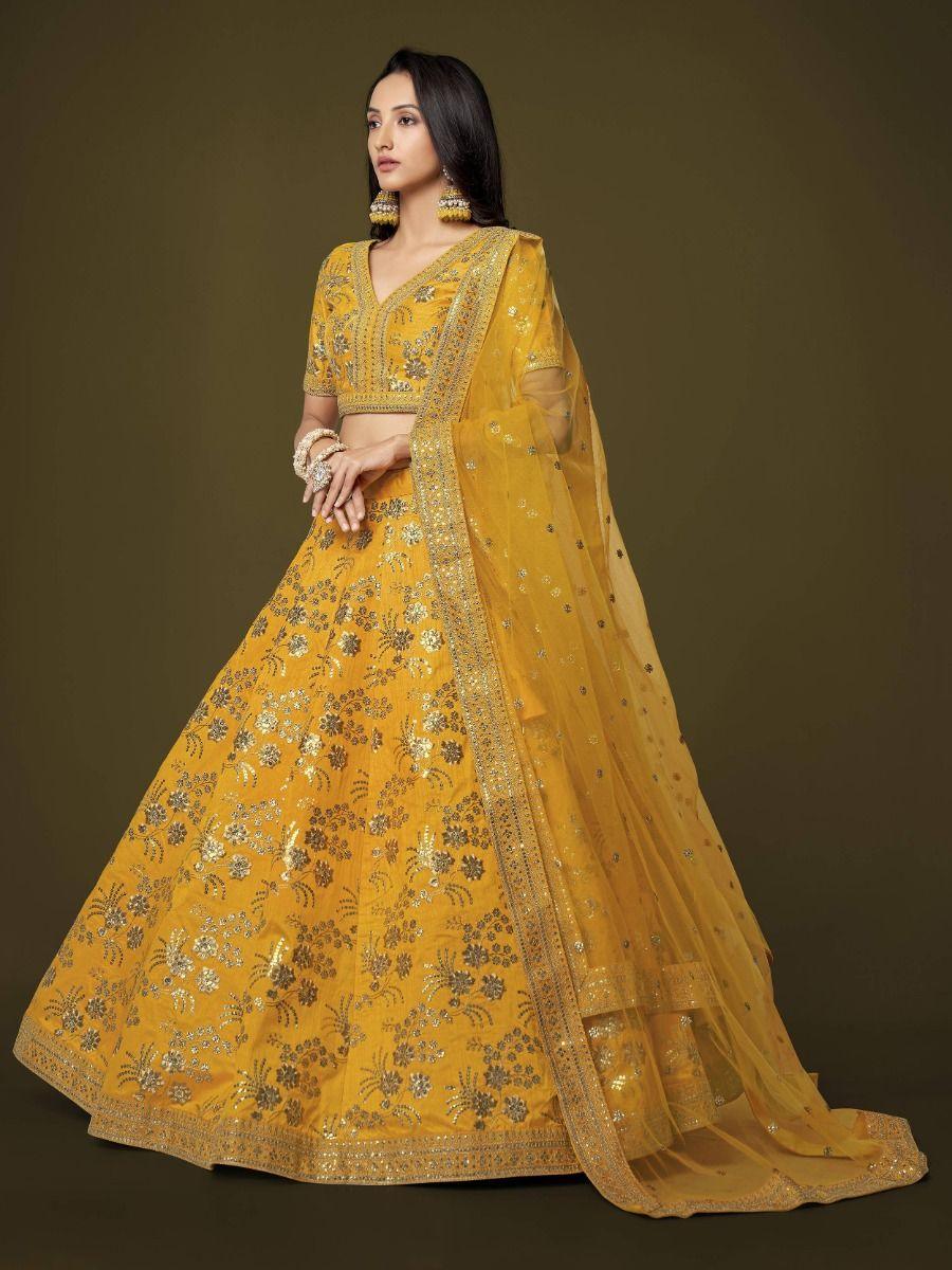 Yellow Sequins Slub Silk Wedding Wear Lehenga Choli