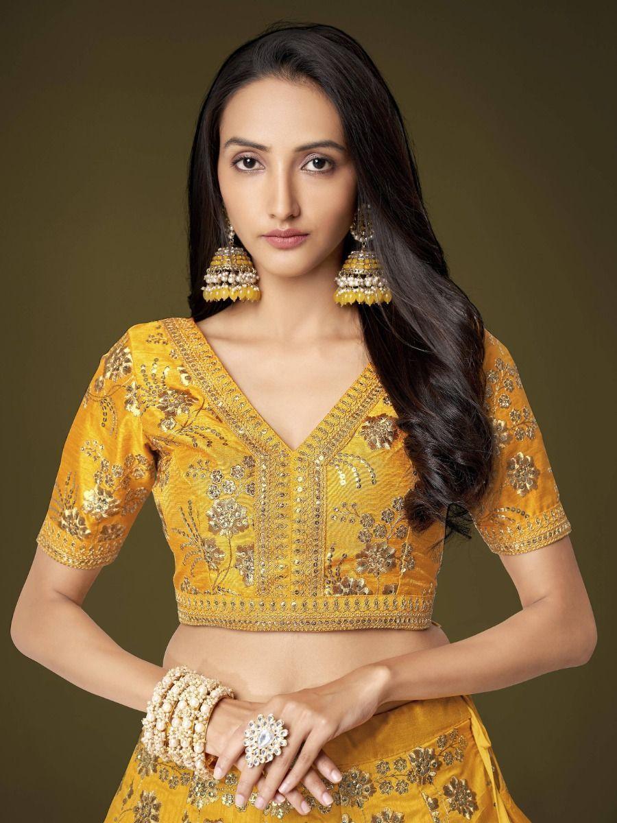 Attractive Yellow Sequins Slub Silk Wedding Wear Lehenga Choli