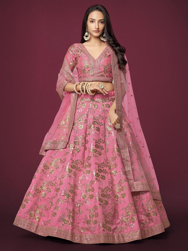 Pink Sequins Slub Silk Reception Wear Lehenga Choli