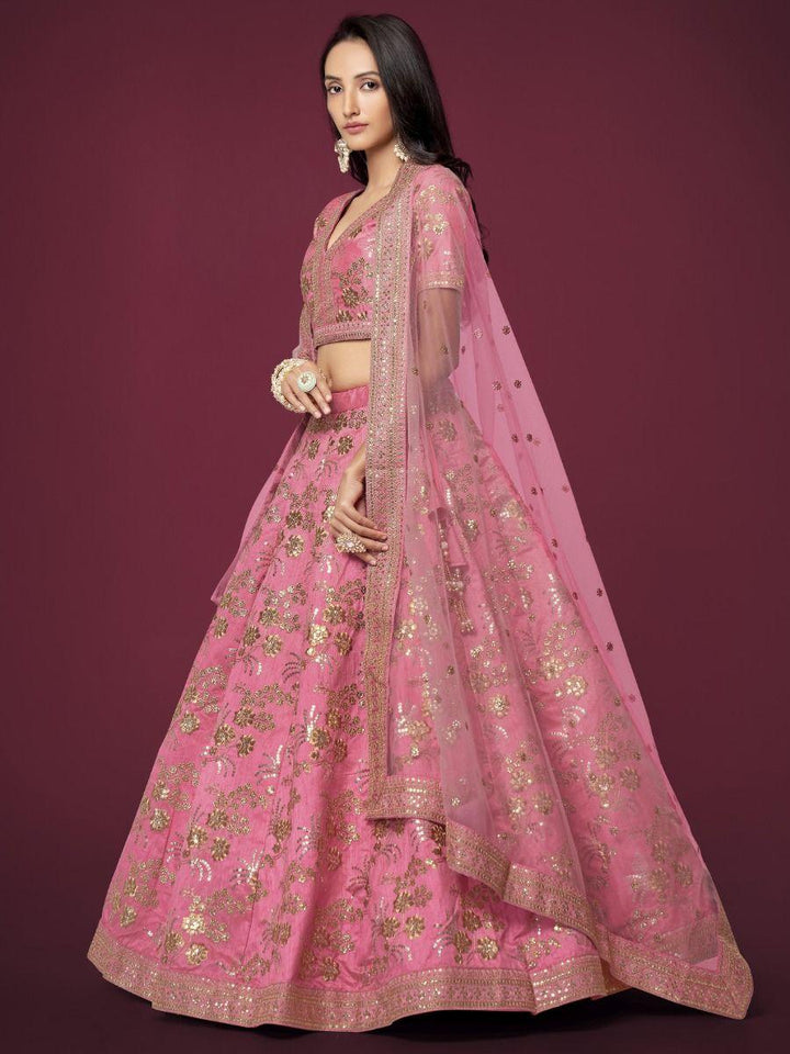 Pink Sequins Slub Silk Reception Wear Lehenga Choli