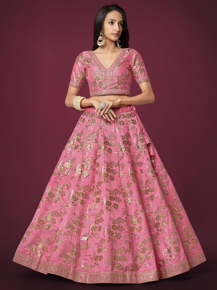 Pink Sequins Slub Silk Reception Wear Lehenga Choli