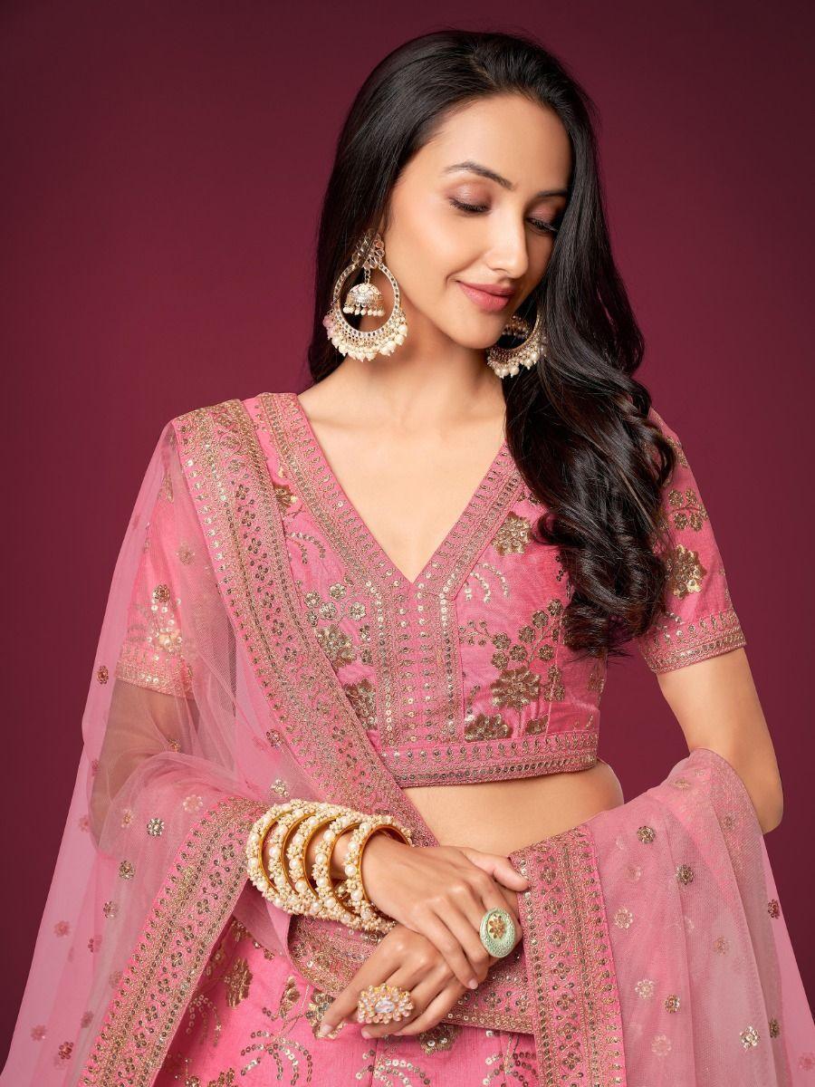 Pink Sequins Slub Silk Reception Wear Lehenga Choli