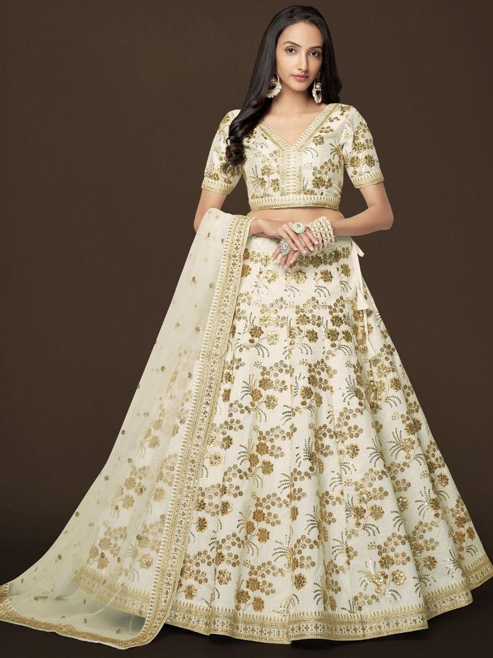 White Sequins Slub Silk Engagement Wear Lehenga Choli