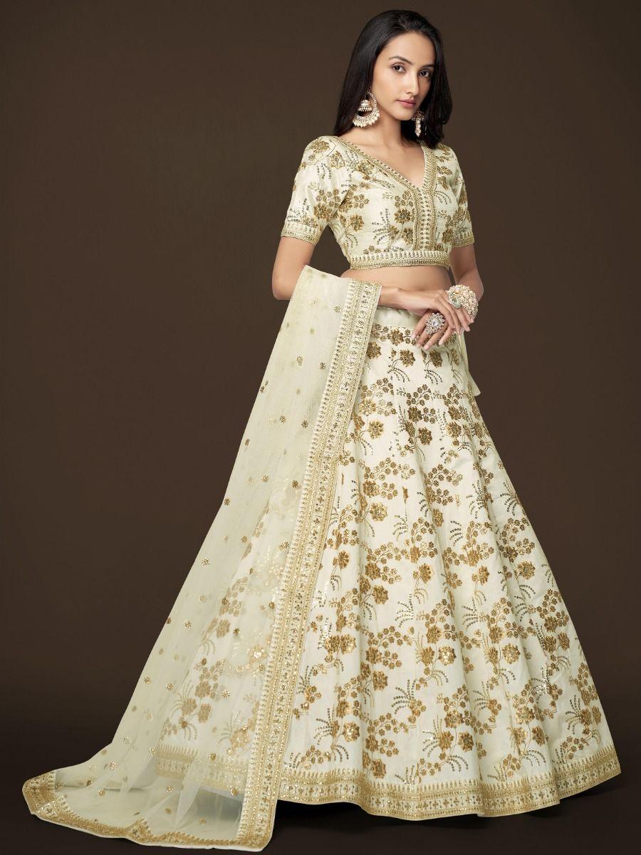 White Sequins Slub Silk Engagement Wear Lehenga Choli